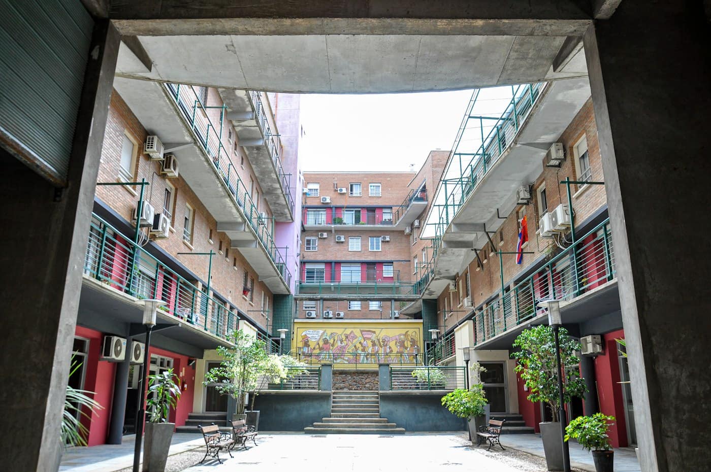 Apartment blocks around a landscaped courtyard