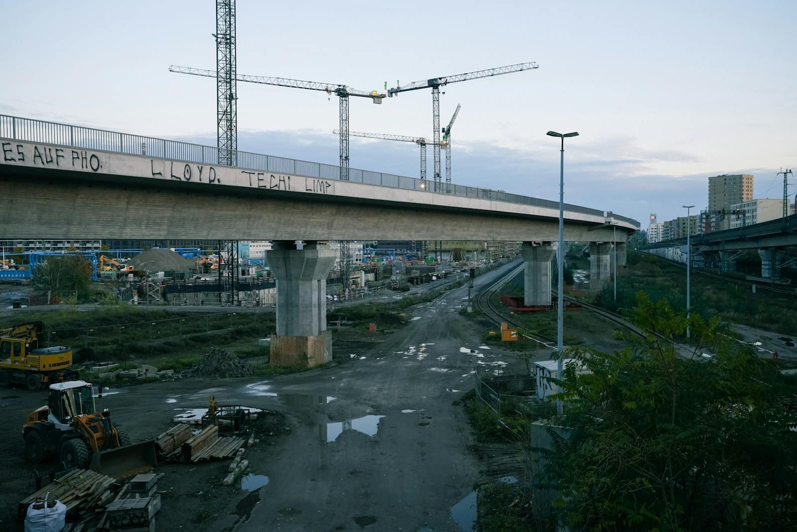 Elevated roadway and bridge piers under construction between cranes